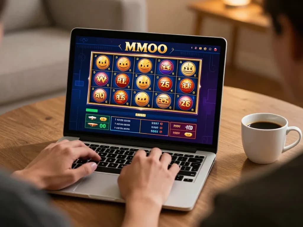 Player enjoying MMOO casino experience on a laptop while analyzing betting strategies.