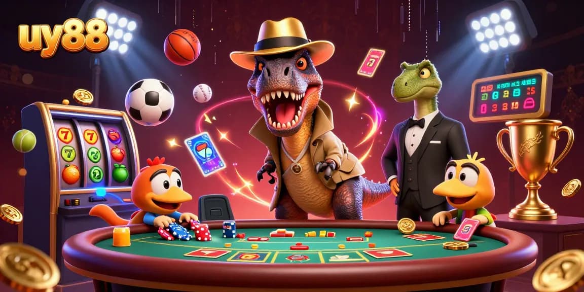 uy88 showcases a lively scene with a velociraptor card counter, a suspicious stegosaurus pit boss, and a compy pickpocket amidst exciting casino elements.