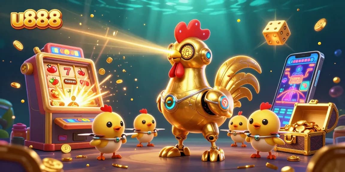 Experience thrilling wins at u888 with a vibrant 3D scene of a golden rooster robot amidst jackpot slots and exciting games.