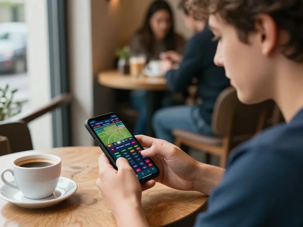 Engaging in sports betting on pfly88 app at a cozy cafe for a relaxed gaming experience