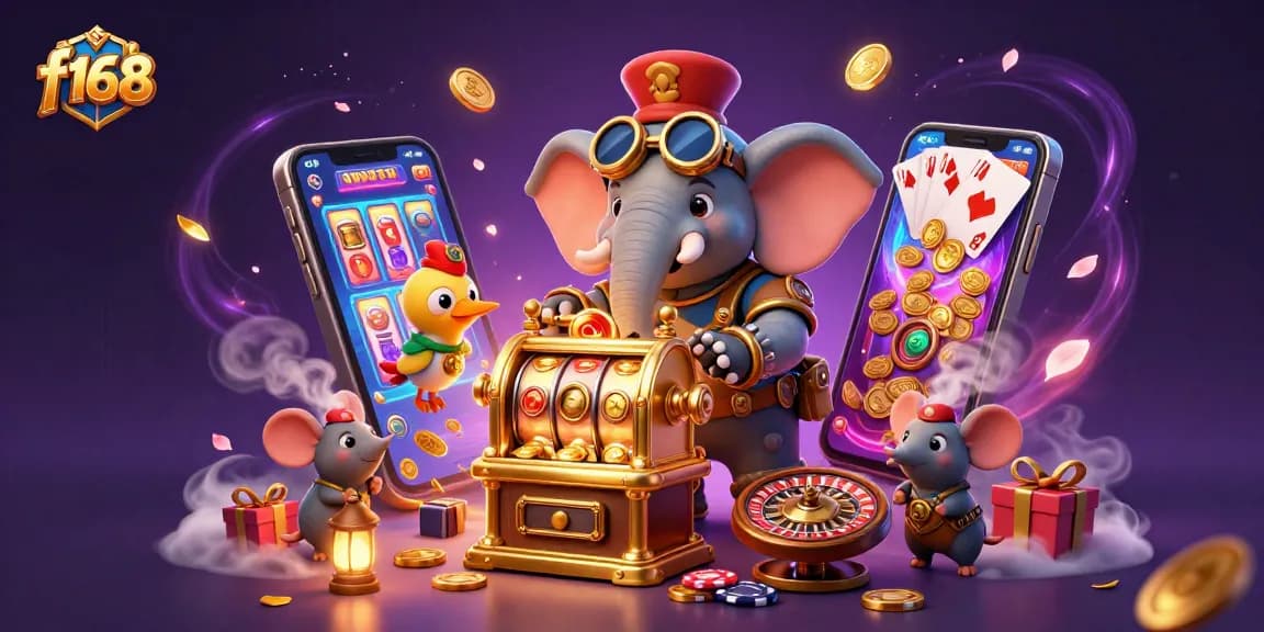 Win big with f168's vibrant steampunk-themed online casino illustration featuring games and festive elements.