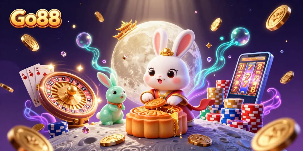 Engage in thrilling gaming at Go88 with vibrant casino visuals featuring lucky moon rabbits.