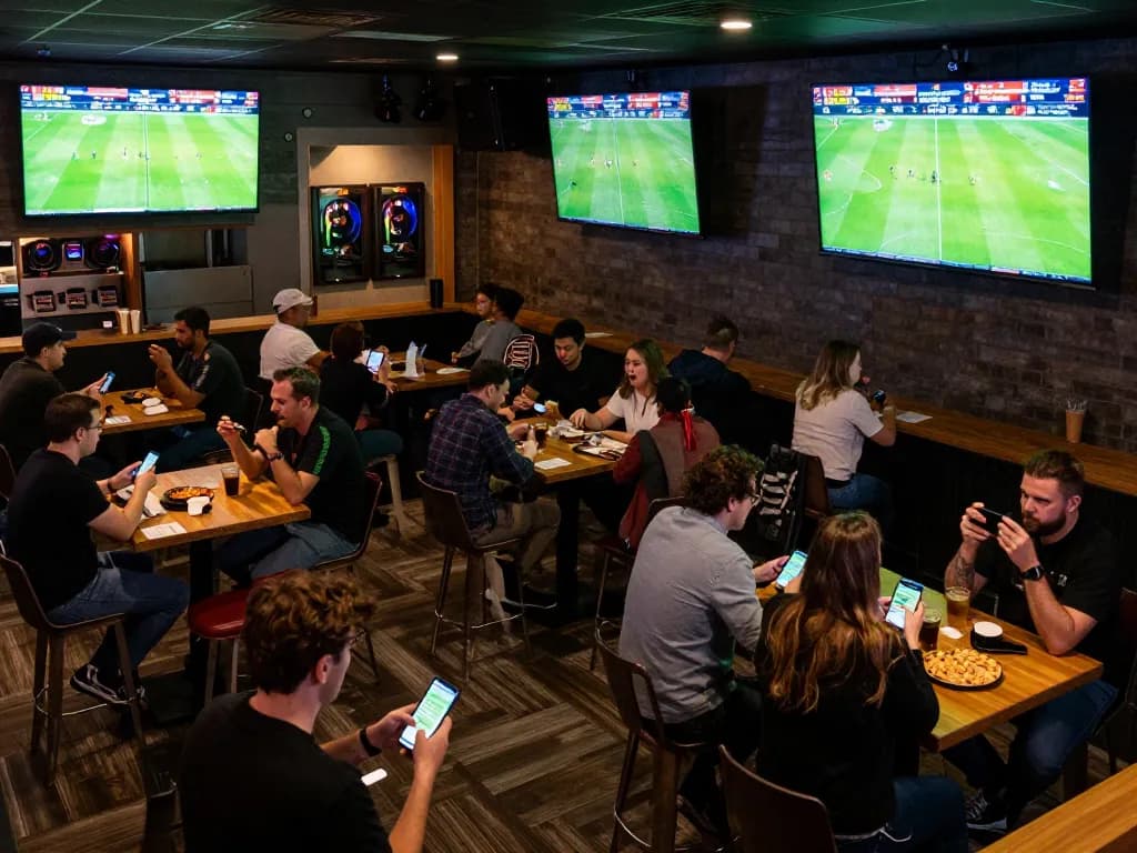 Viewers engaging in ดูบอล action while placing bets in an energetic sports bar environment