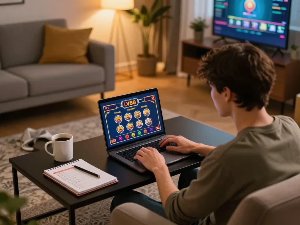 Player engaging with LV88 casino games on a laptop in a cozy home setting, reflecting an enjoyable gaming experience.