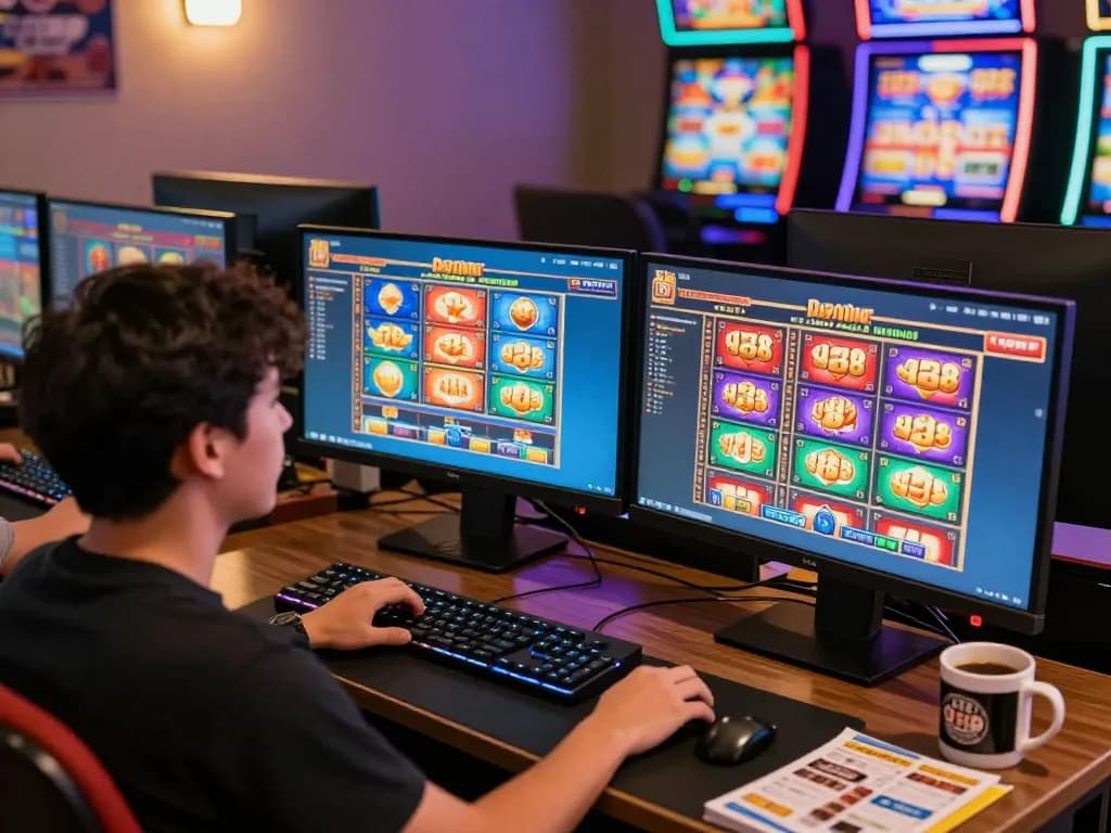 Engaged player enjoying slot88 resmi games on dual monitors in a cozy online gaming setup