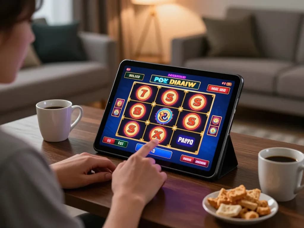 Engaging user playing slots on a tablet with vibrant graphics and relaxing home atmosphere at LC88.