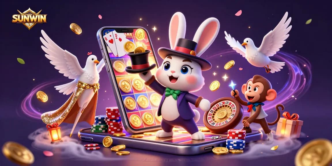 SUNWIN brings excitement as a magician rabbit reveals golden coins and thrilling casino elements