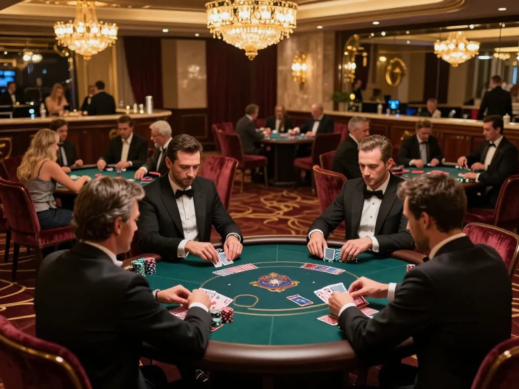 Exciting VIP poker game in an upscale casino showcasing hm88 strategy and high stakes action.
