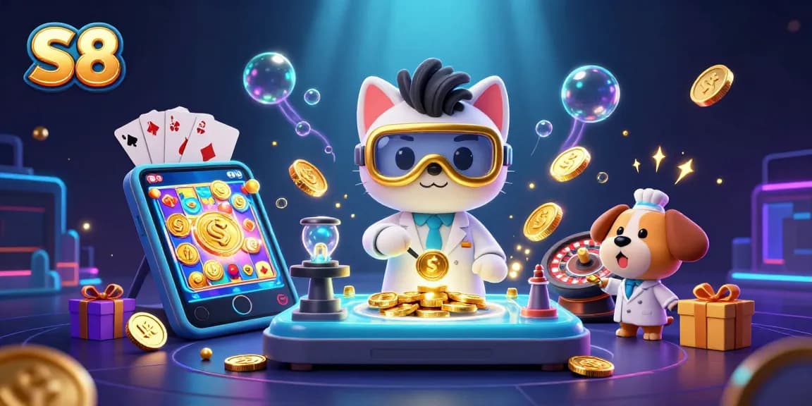 S8 gamblers engage with vibrant slot games and exciting casino activities in a dynamic 3D scene.