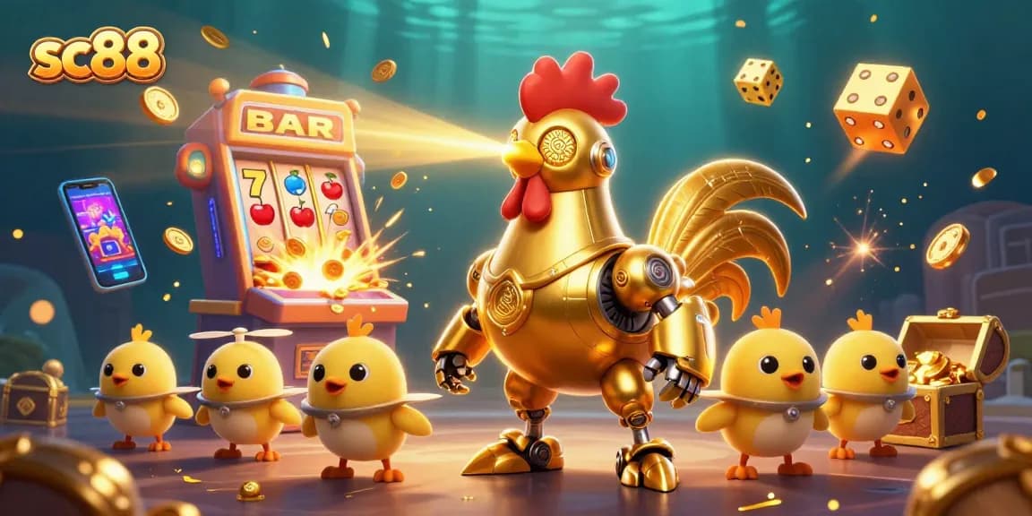 Experience thrilling gameplay at sc88 as a golden rooster robot and baby chick drones unleash jackpot excitement!