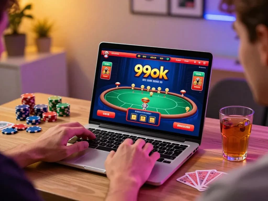 Engaged player enjoying 99ok online casino gaming on a laptop at home.