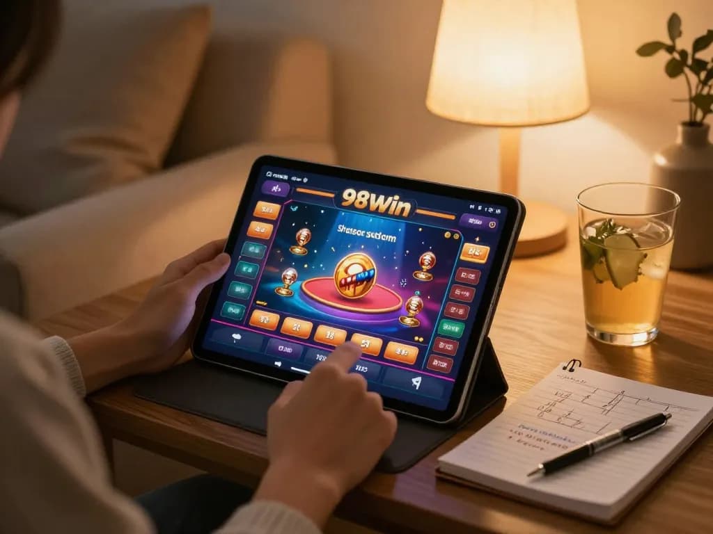 Engaged player enjoying 98win casino games on a tablet at home with strategy notes.