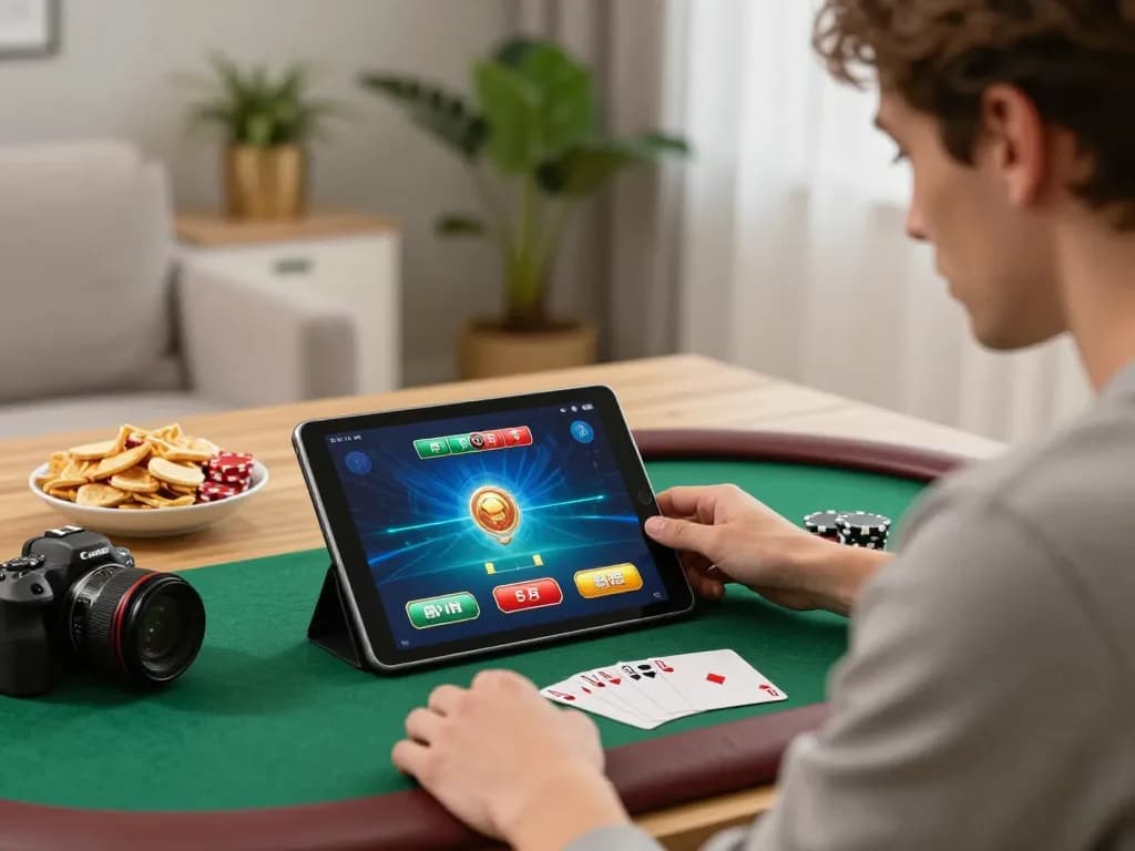 open88 user engaged in an online poker game on a tablet in a cozy setting