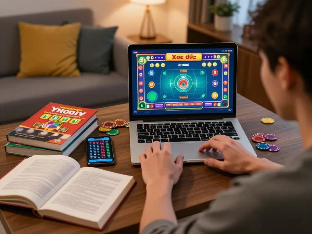 xóc đĩa gameplay on a laptop in a cozy home setting, with books and smartphone nearby for strategic betting.