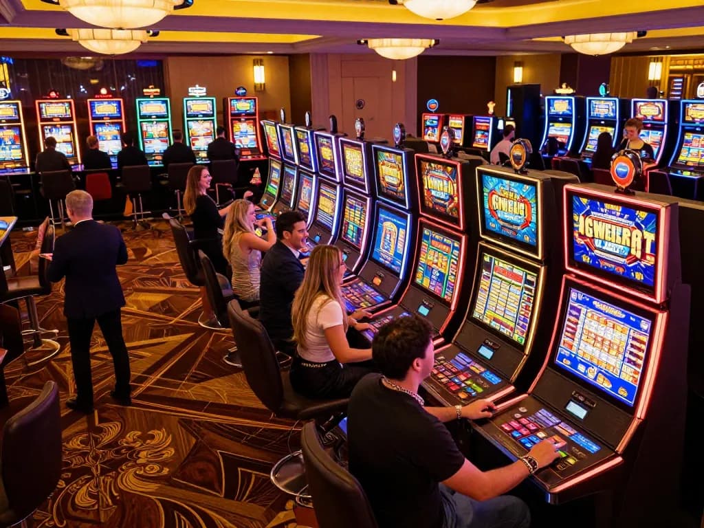 Players enjoying vibrant slot games at AX88 casino floor with celebratory atmosphere.