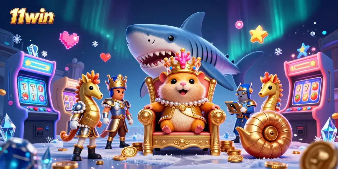 Engage in thrilling gameplay with 11win's cartoonish golden hamster king at a vibrant casino scene.