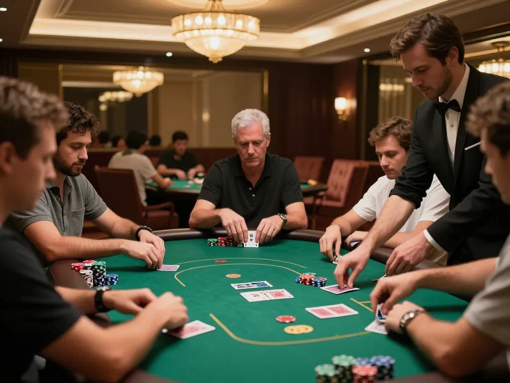 Players competing in an intense poker game at VA88 casino, showcasing vibrant chips and dealer action.