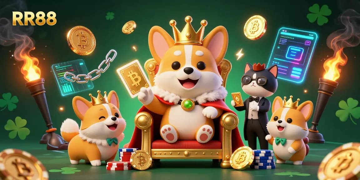 Experience the thrill of RR88 at a vibrant casino scene with a royal corgi and digital elements.