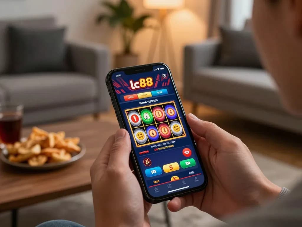 Engaged player using the lc88 app to spin colorful slot reels on their smartphone at home.