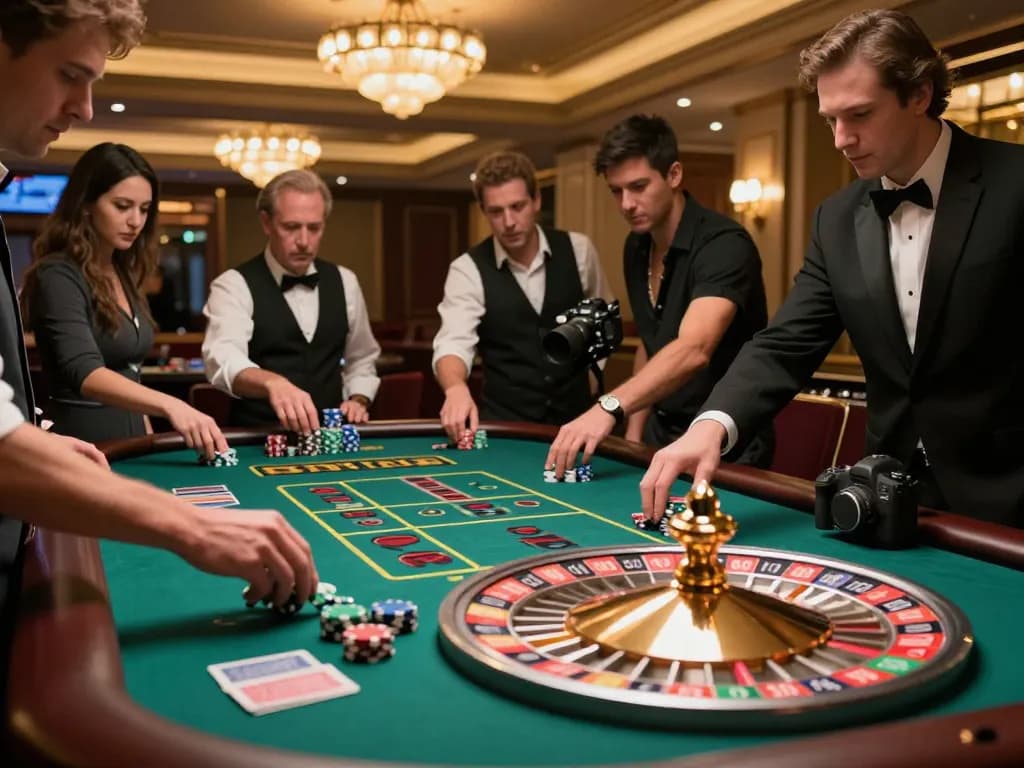 fo88 players placing bets at a vibrant roulette table in an upscale casino atmosphere