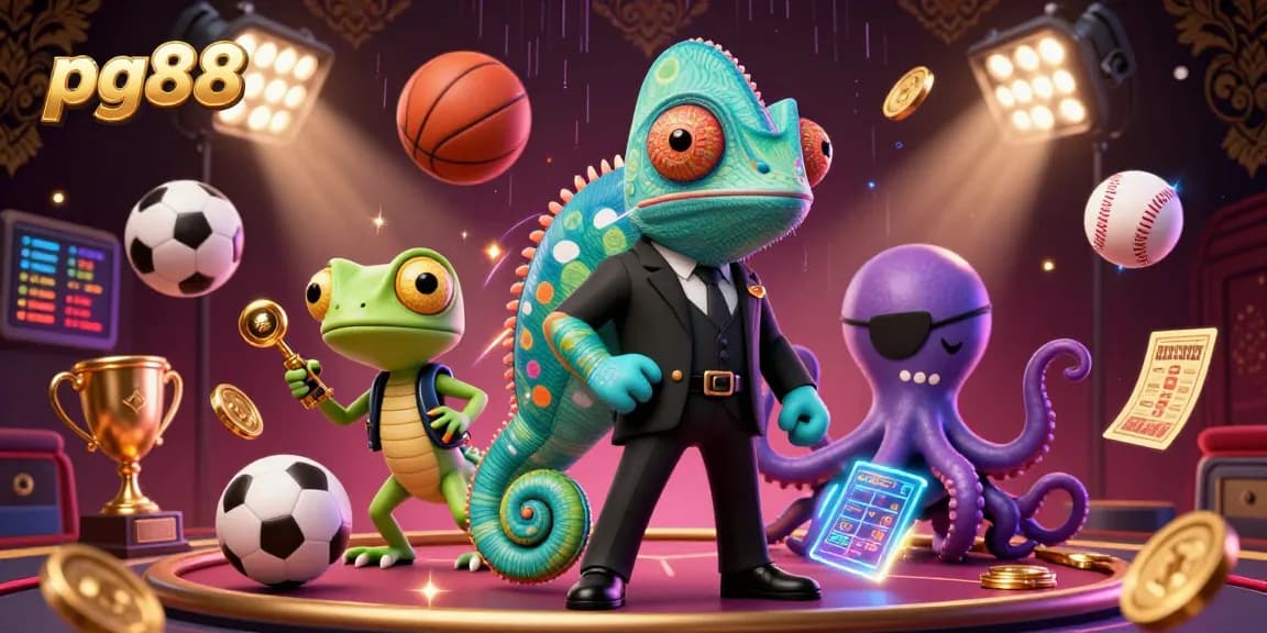 pg88 promotes a thrilling gambling scene with a secret agent chameleon, a gadget gecko, and an evil octopus.