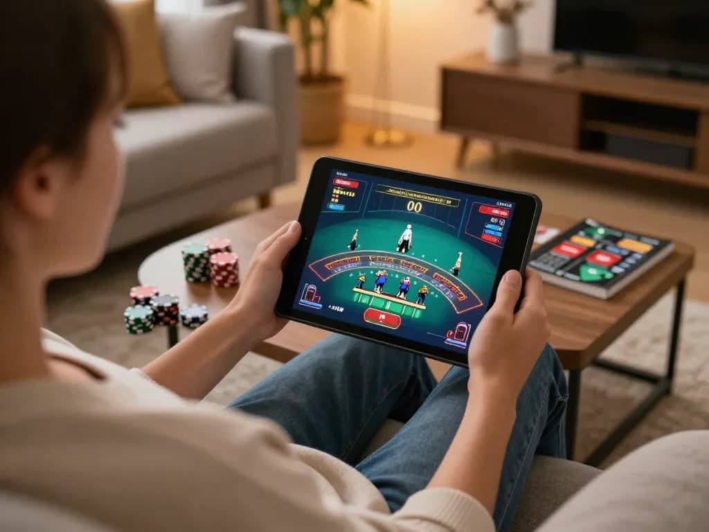 Player enjoying live dealer blackjack on da88pc in a cozy home setting with vibrant decor.