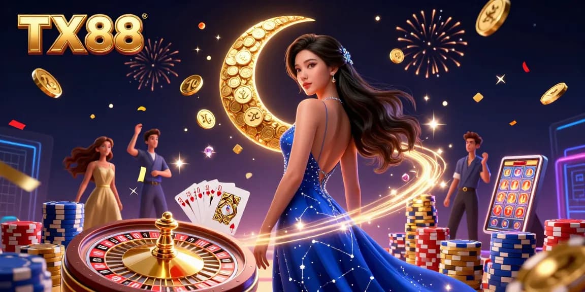 Experience the thrill of TX88 with a spirited Asian dealer amidst dazzling gambling elements.