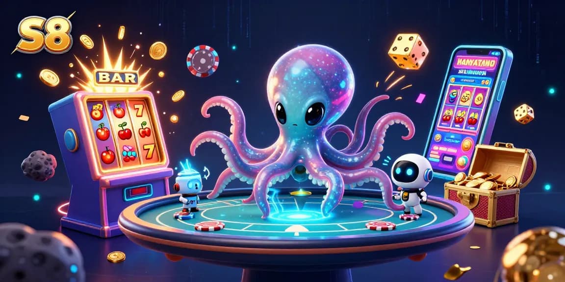 Experience the thrill of S8 with a vibrant alien octopus at a holographic poker table in a cosmic casino.