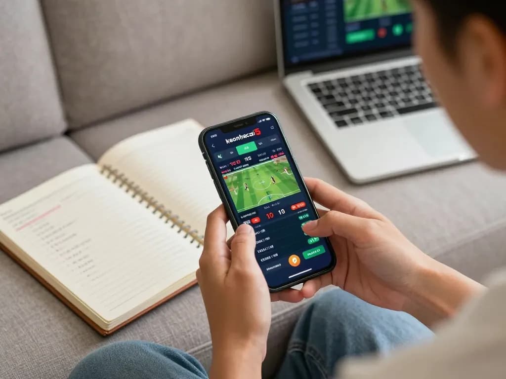 Engaged user analyzing sports odds on keonhacai5 mobile app in a cozy setting.