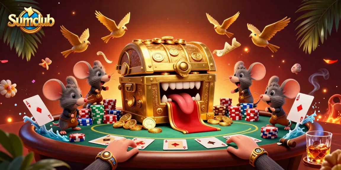 Watch Sumclub's golden treasure chest lure adventurer mice in a dynamic casino scene.