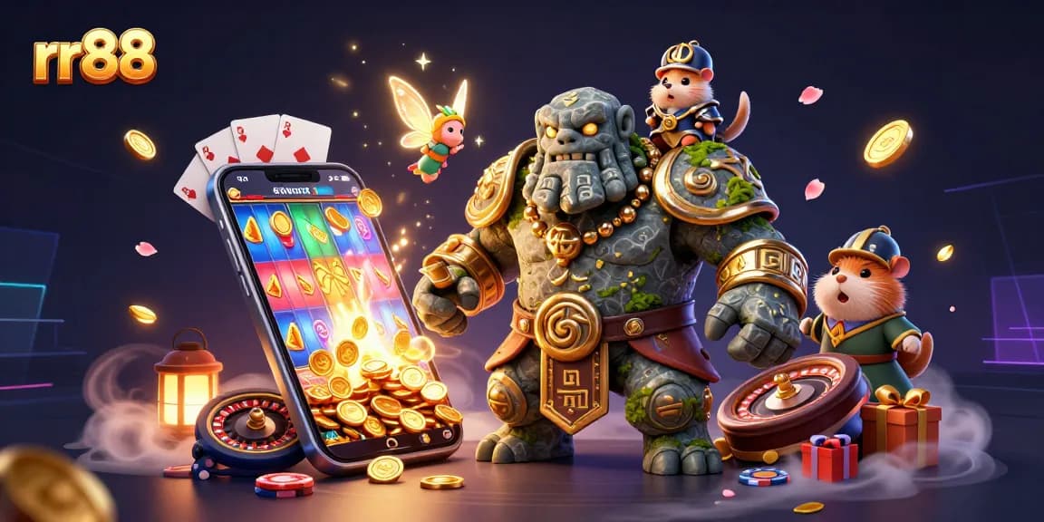 Experience thrilling gaming with rr88: vibrant characters, colorful slots, and exciting casino elements.