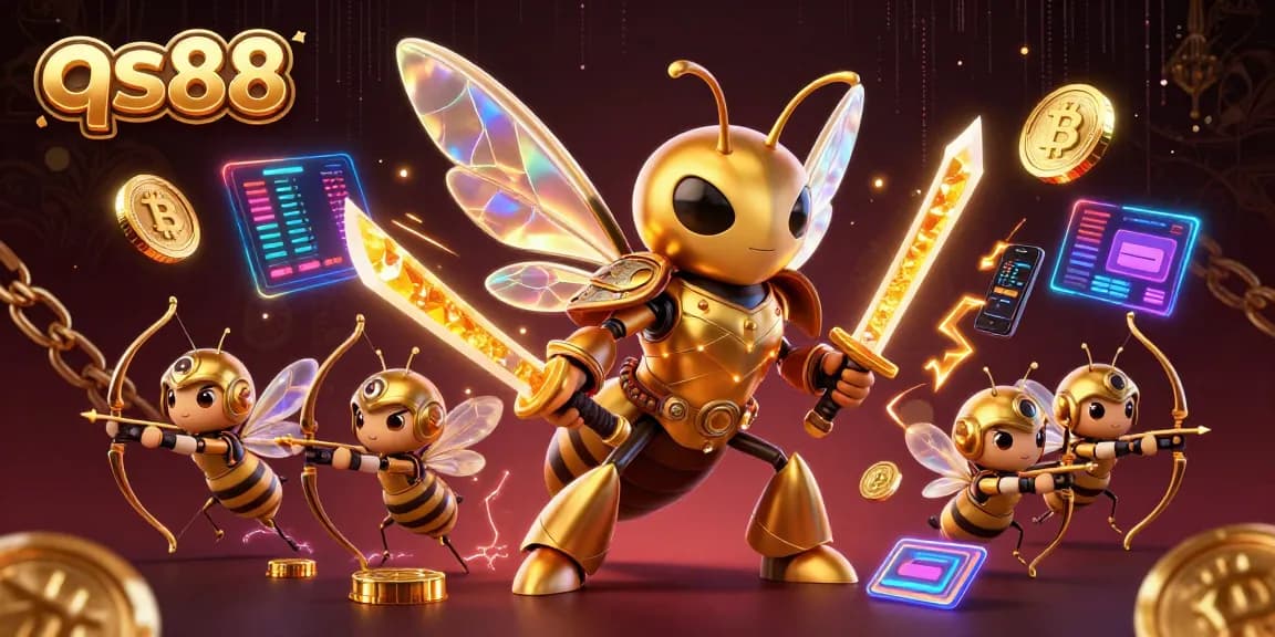 Engage in thrilling gameplay with qs88's vibrant 3D casino illustration featuring dynamic characters and crypto elements.