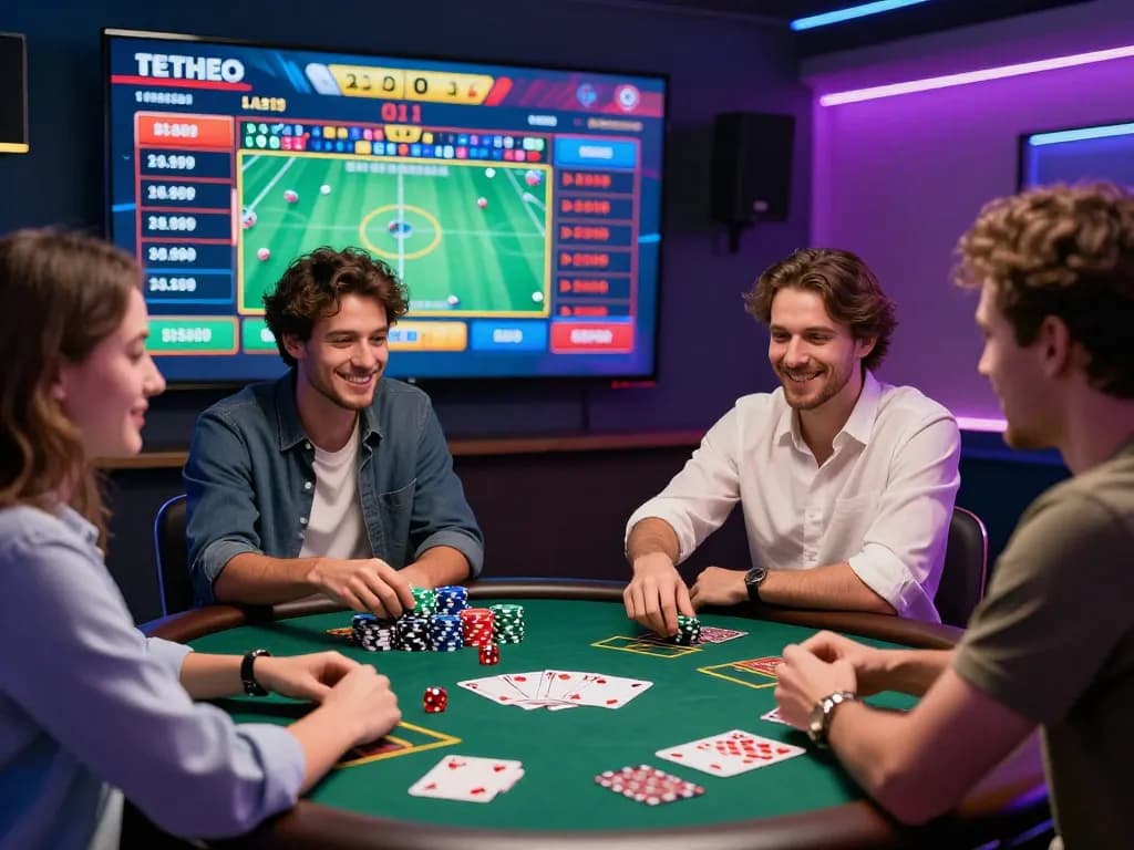 Engaging scene of friends enjoying bet789 online gambling with live sports and casino games.