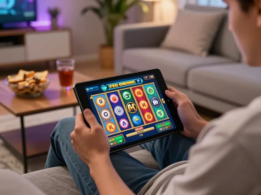 LV88 player enjoying online slots on tablet in a cozy living room