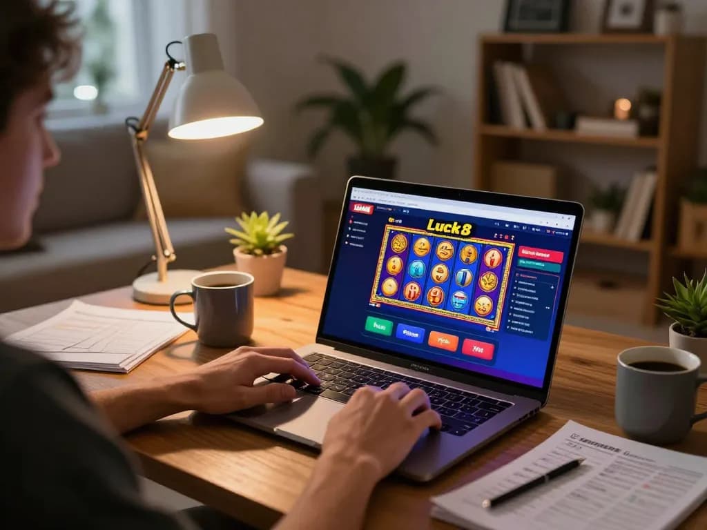 Engaged player enjoying luck8 online casino on laptop with colorful graphics, showcasing a strategic gaming atmosphere