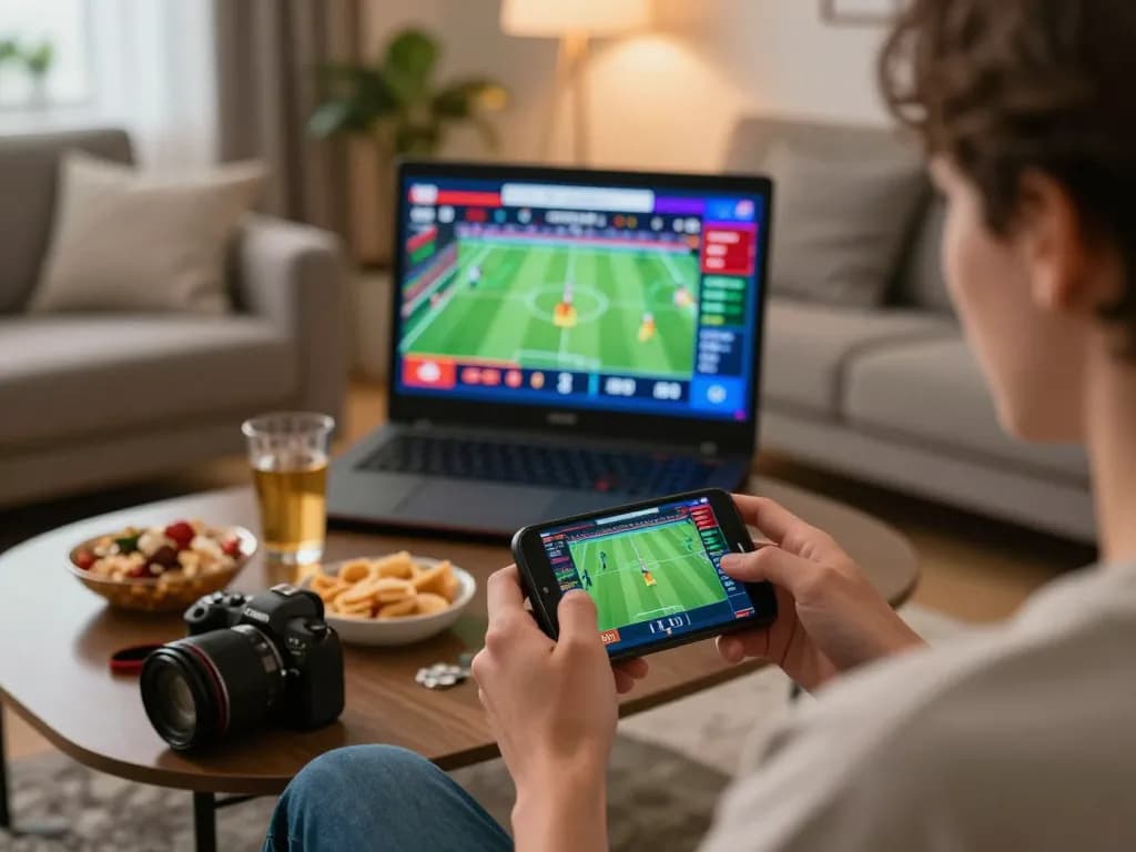 Person engaging in sports betting on smartphone, showcasing manclub excitement in a cozy online gaming setting.