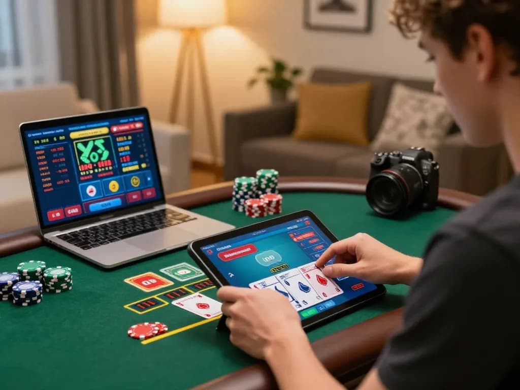 Engaging scene of Go88 online casino gameplay showcasing a player enjoying live blackjack on a tablet with betting options visible.