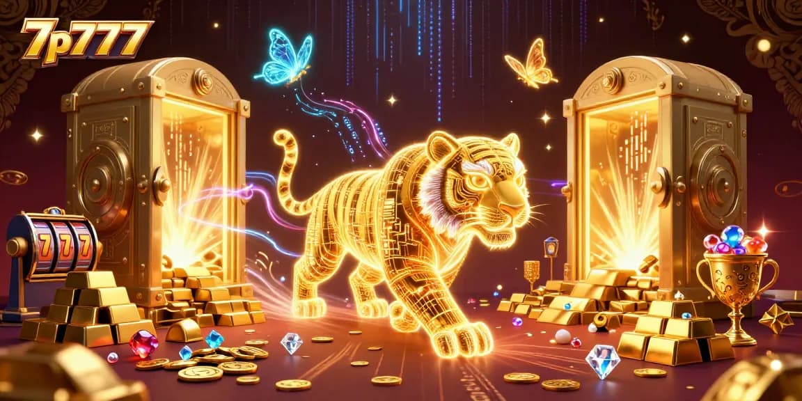 Experience the thrill of 7p777 in a vibrant digital casino landscape with golden treasures.
