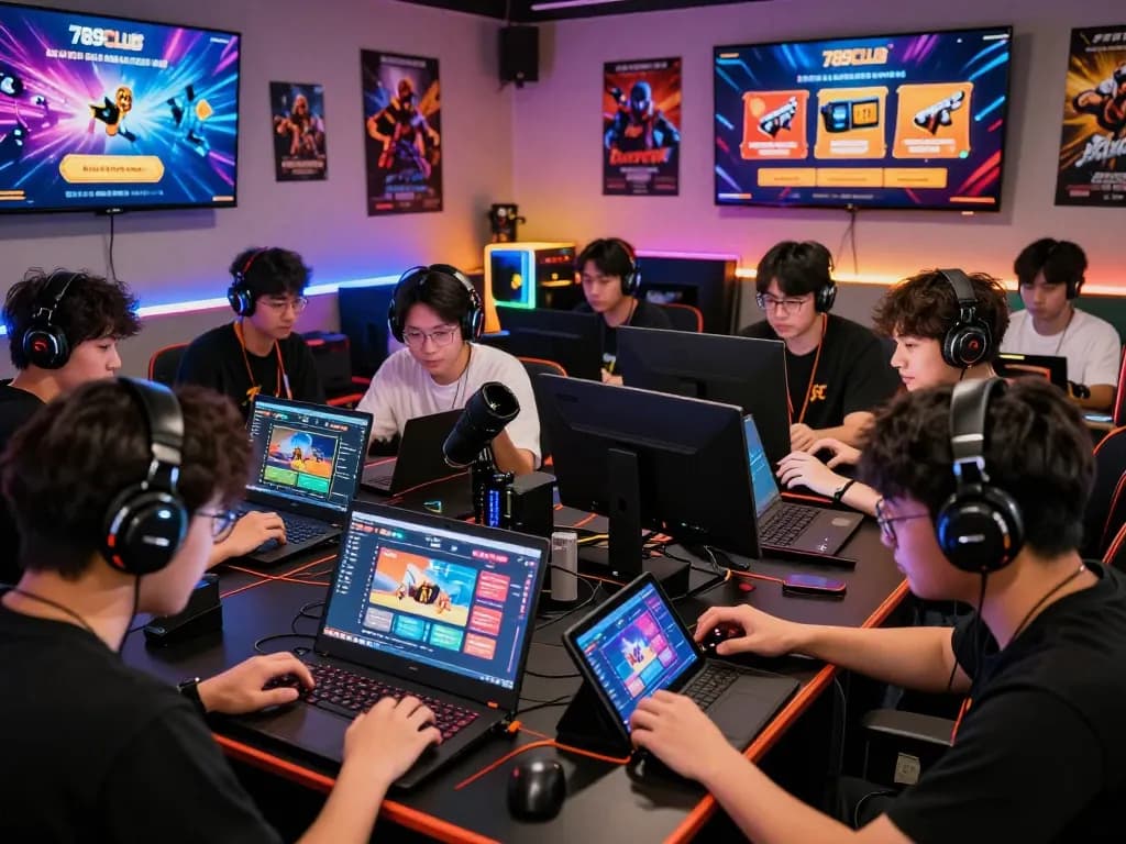 Engaged players enjoying the 789club gaming experience on various devices, showcasing lively online gaming atmosphere.