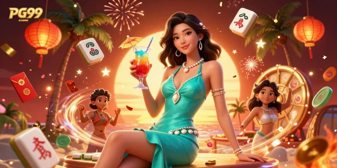 Experience thrilling gameplay at PG99 COM with a glamorous Asian woman celebrating amidst casino elements.