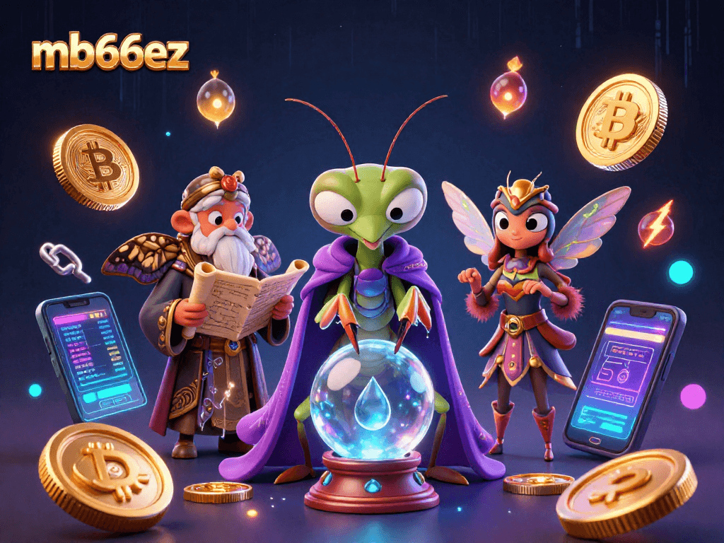 Experience the magic of mb66ez with a mystical fortune teller and crypto symbols in this dynamic casino scene.