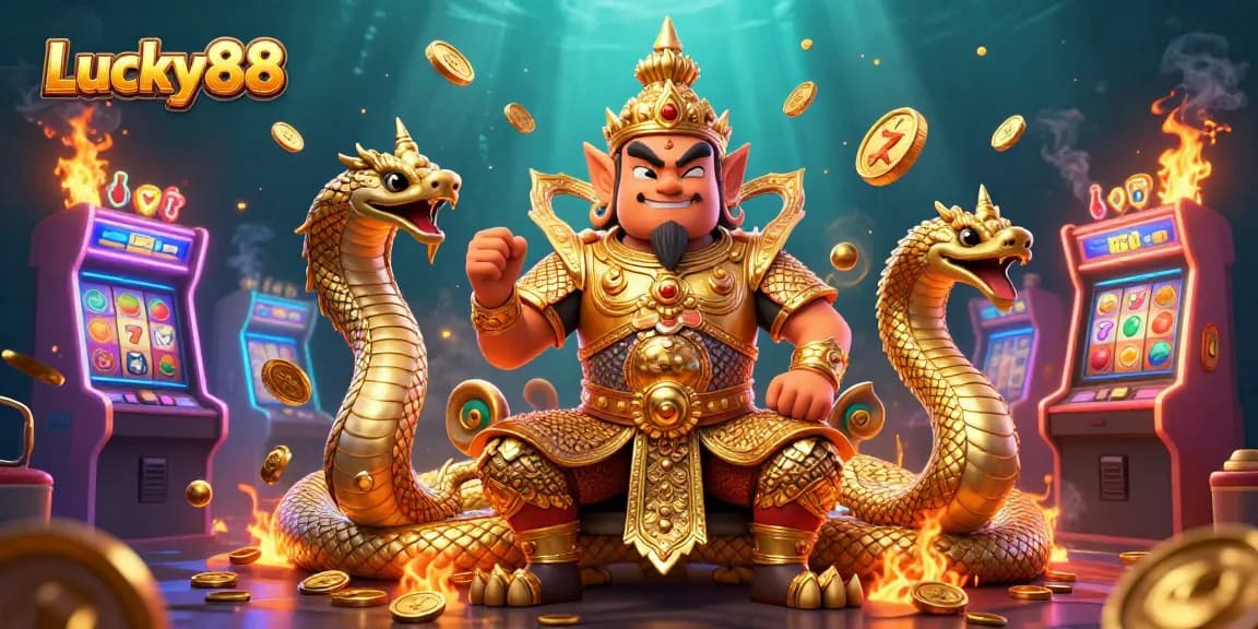 Engage with Lucky88's vibrant slot machines and mythical guardians in an immersive casino scene.