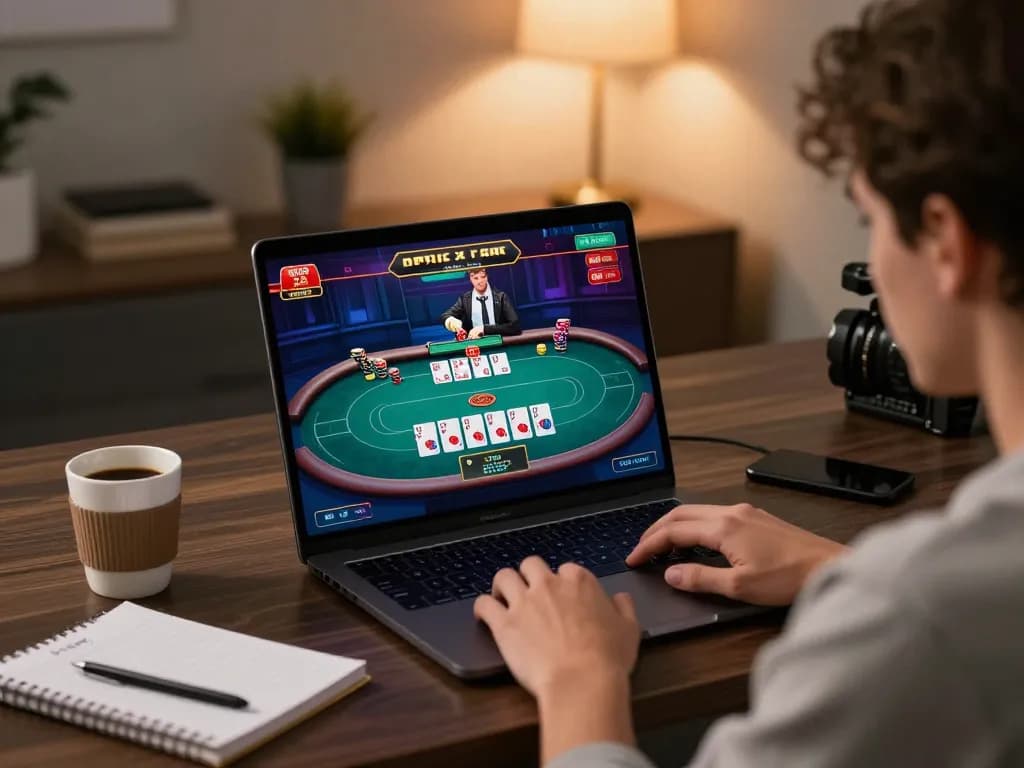 Experience mb66 gaming strategies with a player engaged in online poker at a stylish desk setup.