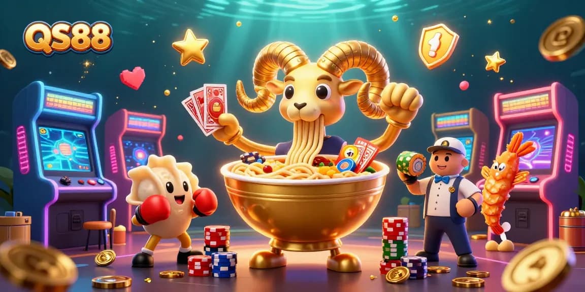 Experience QS88's exciting games as the giant ramen bowl deals cards with dynamic casino elements.