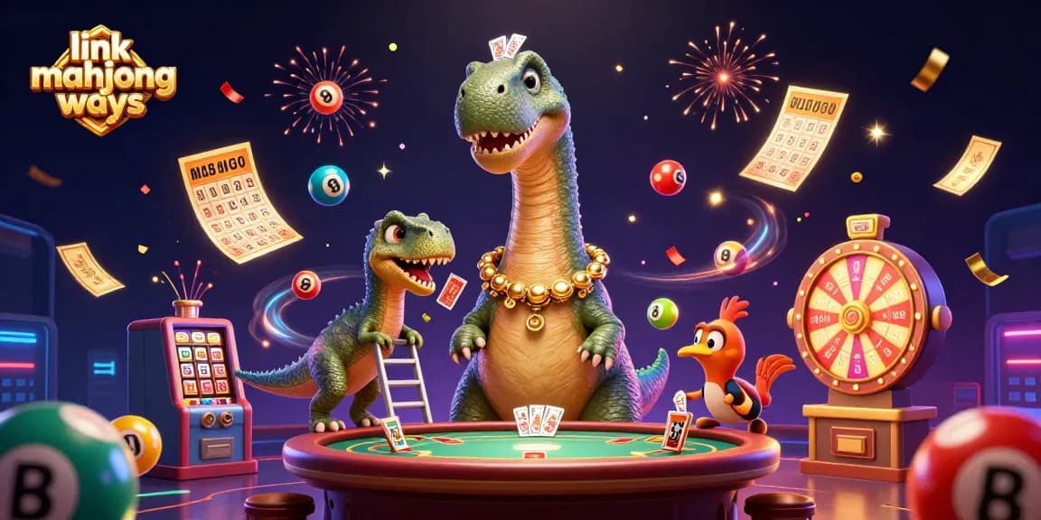 Win big with link mahjong ways in an exciting casino scene featuring colorful elements and fun characters.
