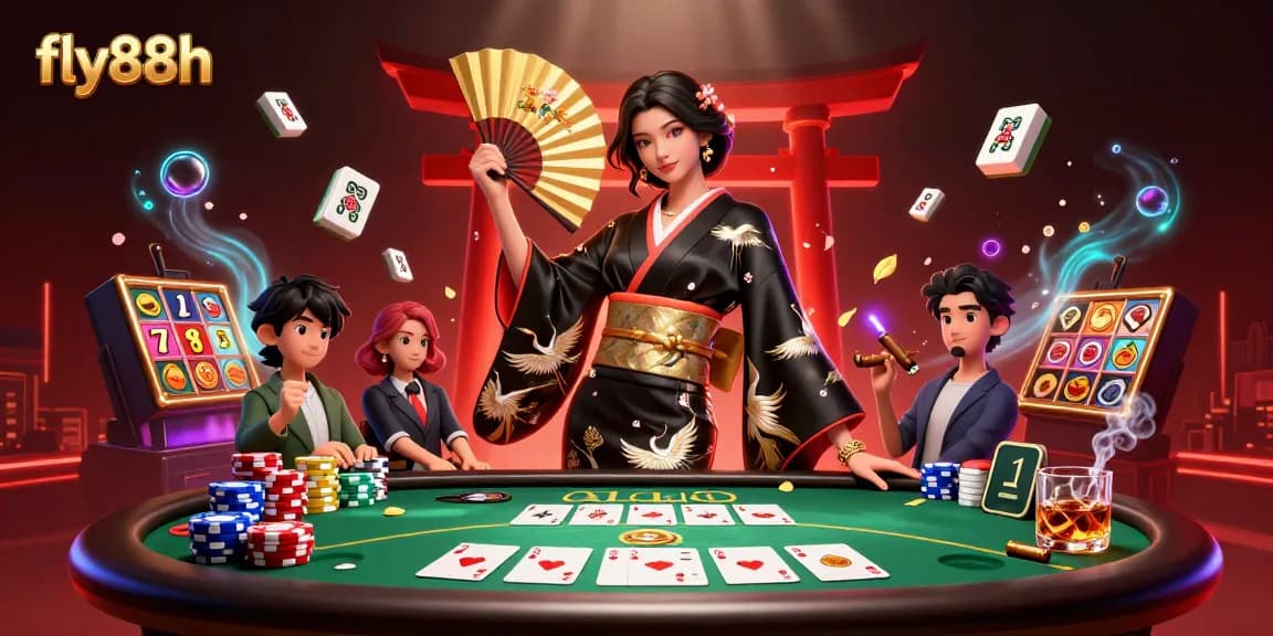 Engage in exciting poker gameplay with fly88h, showcasing an elegant Asian woman with casino elements around her.