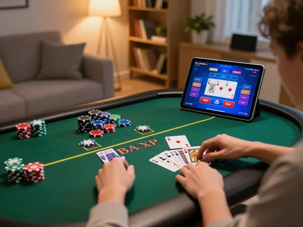 Engaging online poker gameplay on a tablet showcasing fabet poker interface in a cozy home setting.