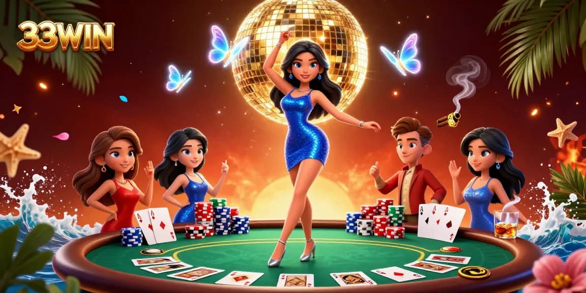 Experience thrilling poker action with 33WIN's vibrant casino scene featuring dynamic gameplay and colorful characters.