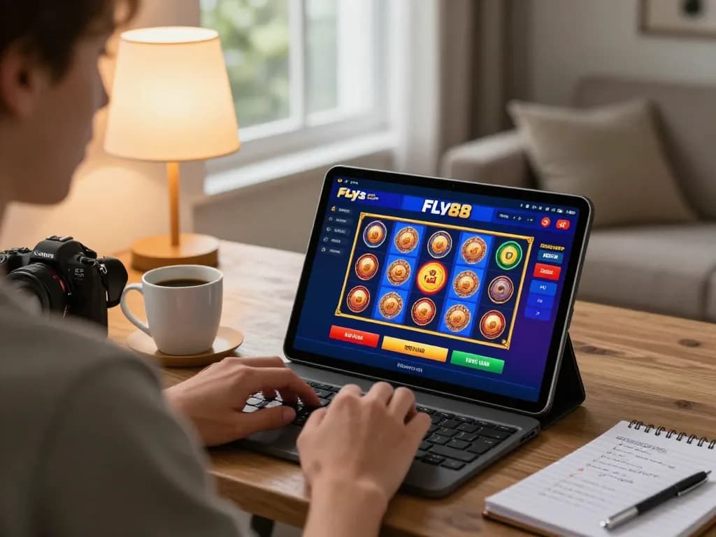 Fly88 user engaged in online gaming on a tablet in a cozy home setting.