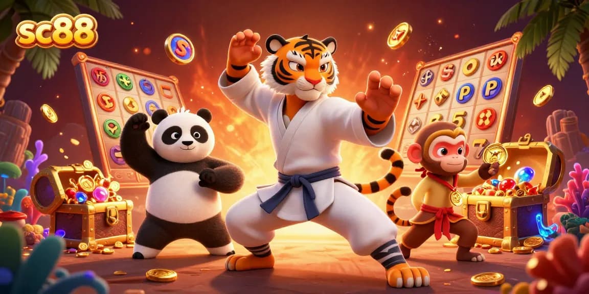 Win big with SC88 at the casino, featuring a kung fu tiger and friends in a vibrant gaming scene.